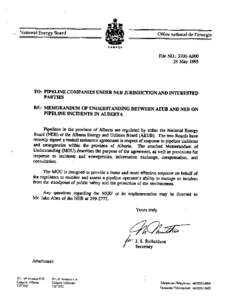 Memorandum of Understanding - National Energy Board (NEB) and Alberta Energy and Utilities Board (AEUB) - Pipeline Incidents in Alberta - 26 May 1995