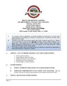 REGULAR MEETING AGENDA OF THE JURUPA VALLEY CITY COUNCIL Thursday, April 18, 2013