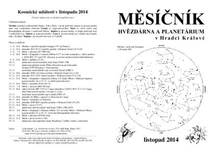 Kosmické události v listopadu 2014 (Časové údaje jsou ve středoevropském čase) Viditelnost planet: Merkur prochází souhvězdími Panny, Vah a Štíra, v první polovině měsíce je pozorovatelný ráno nad vý