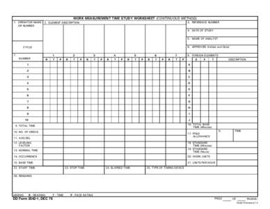 WORK MEASUREMENT TIME STUDY WORKSHEET (CONTINUOUS METHOD) 1. OPERATOR NAME OR NUMBER 3. REFERENCE NUMBER