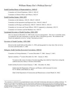 William Henry Gist’s Political Service1 South Carolina House of Representatives, [removed]Committee on Colored Population, [removed], [removed]