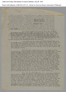 Letter from Evelyn Morneweck to Lorena Callahan, July 26, 1934 Foster Hall Collection, CAM.FHC[removed], Center for American Music, University of Pittsburgh. Letter from Evelyn Morneweck to Lorena Callahan, July 26, 1934