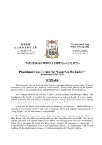PASTORAL LETTER OF CARDINAL JOHN TONG  Proclaiming and Living the “Gospel of the Family” Revised Version (6 Nov[removed]SUMMARY