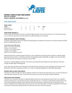 DETROIT LIONS AT NEW YORK GIANTS METLIFE STADIUM WEEK 2: MONDAY, SEPTEMBER 18, 2017 POST-GAME NOTES FINAL SCORE