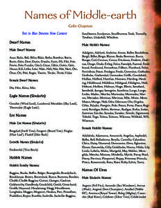 Names of Middle-earth Colin Chapman Text in Blue Denotes New Content Dwarf Names Male Dwarf Names: Anar, Balin, Beli, Bifur, Bláin, Bofur, Bombur, Borin,