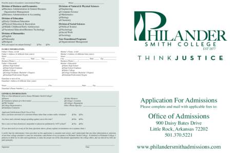 Possible area(s) of academic concentration/Major ________________________  Division of Business and Economics ❑ Business Administration in General Business Organization Management ❑ Business Administration in Account