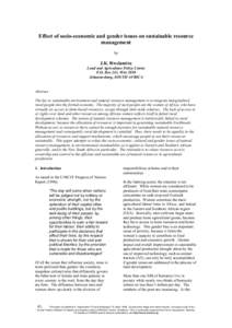 Effect of socio-economic and gender issues on sustainable resource management by J.K. Rwelamira Land and Agriculture Policy Centre