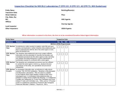 Inspection Checklist for NIH BL2 Laboratories (7 CFR 331; 9 CFR 121; 42 CFR 73; NIH Guidelines)