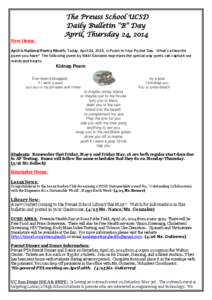 New Items:  The Preuss School UCSD Daily Bulletin “B” Day April, Thursday 24, 2014