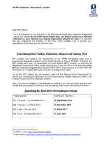 IIHF RTP Notification - Whereabouts Custodian  Dear RTP Athlete, This is a notification of your inclusion in the International Ice Hockey Federation Registered Testing Pool. If you do not understand English well, you sho