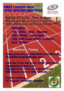 WEST LONDON 2014 OPEN GRADED MEETINGS WEDS 9th JULY 7pm to 9pm  PERIVALE PARK ATHLETICS TRACK,