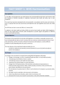 FACT SHEET 1: WHS Harmonisation New Legislation In July 2008, a formal agreement was made between the Commonwealth and all states and territories (with the exception of Western Australia) to implement harmonised work hea