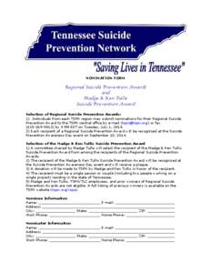 NOMINATION FORM  Regional Suicide Prevention Awards and Madge & Ken Tullis Suicide Prevention Award