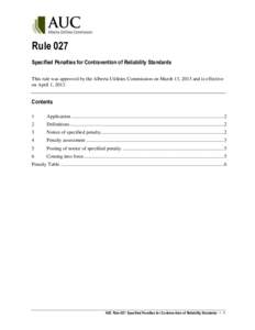 Rule 027 Specified Penalties for Contravention of Reliability Standards This rule was approved by the Alberta Utilities Commission on March 13, 2013 and is effective on April 1, [removed]Contents