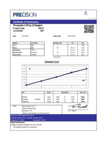 versionCertificate of Performance Phosphate 2 (Phos 2) Reagent Product Code Lot Number