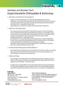 Handout zum Runden Tisch  Experimentelle Orthopädie & Eishockey  Wie haben sich die Partner kennengelernt? - Sommer 2014: Direktanfrage von Hr. Wilhelm (Geschäftsführer/Vorstand) - September 2014: Kooperationsverei