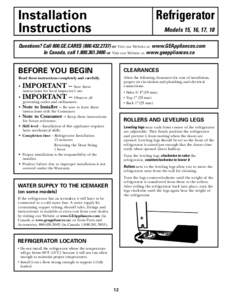 Installation Instructions Refrigerator Models 15, 16, 17, 18