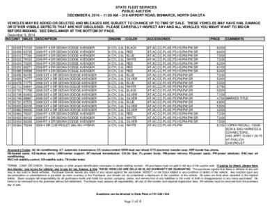 STATE FLEET SERVICES PUBLIC AUCTION DECEMBER 4, 2014 – 11:00 AM – 218 AIRPORT ROAD, BISMARCK, NORTH DAKOTA VEHICLES MAY BE ADDED OR DELETED AND MILEAGES ARE SUBJECT TO CHANGE UP TO TIME OF SALE. THESE VEHICLES MAY HA