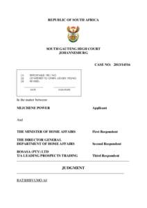 REPUBLIC OF SOUTH AFRICA  SOUTH GAUTENG HIGH COURT JOHANNESBURG  CASE NO: 