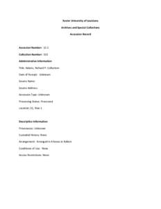 Xavier University of Louisiana  Archives and Special Collections  Accession Record    Accession Number:  12‐2  Collection Number:  102 