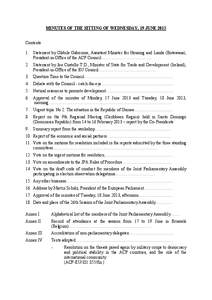 MINUTES OF THE SITTING OF WEDNESDAY, 19 JUNE 2013 Contents 1. Statement by Olebile Gaborone, Assistant Minister for Housing and Lands (Botswana), President-in-Office of the ACP Council....................................