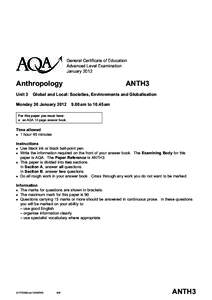 General Certificate of Education Advanced Level Examination January 2012 Anthropology Unit 3