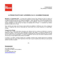 Microsoft Word - Communiqué La Presse félicite Dany Laferrière, élu à l’Académie française
