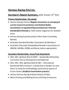 Harness Racing (Vic) Inc. Secretary’s Report Summary, AGM, October 19thPrimary Relationships. (On-going)  Harness Racing Victoria (Regular Interaction on emerging & current issues/circumstances and Kindred Bo
