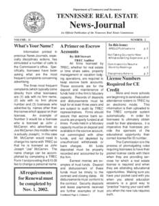 Department of Commerce and Insurance  TENNESSEE REAL ESTATE News-Journal An Official Publication of the Tennessee Real Estate Commission