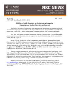 Press Release: NRC Seeks Public Comment on Environmental Issues for Diablo Canyon Nuclear Plant License Renewal.