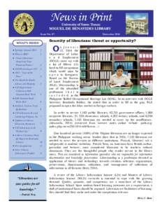 News in Print University of Santo Tomas MIGUEL DE BENAVIDES LIBRARY Issue No. 87