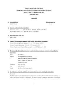 NOTICE OF FINAL RULEMAKING MARICOPA COUNTY AIR POLLUTION CONTROL REGULATIONS REGULATION II – PERMITS AND FEES RULE 280: FEES  PREAMBLE