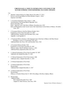 CHRONOLOGICAL INDEX TO INFORMATION CONTAINED IN THE ILLINOIS SUPREME COURT REPORTERS, EXCLUDING OPINIONS Vol. 1 (Beecher’s Breese) Preface by Sidney Breese (November 15, 1831) Preface to the Second Edition by Edwin Bee