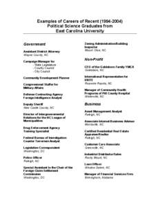 Examples of Careers of Recent[removed]Political Science Graduates from East Carolina University Government Assistant District Attorney Wayne County, NC