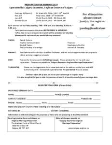 PREPARATION FOR MARRIAGE[removed]Sponsored by Calgary Deaneries, Anglican Diocese of Calgary