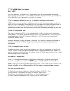 NYIT-Middle East Fact Sheet July 1, 2011 New York Institute of Technology (NYIT) has decided to phase out its undergraduate and graduate