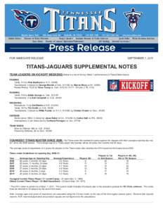 FOR IMMEDIATE RELEASE  SEPTEMBER 7, 2011 TITANS-JAGUARS SUPPLEMENTAL NOTES TEAM LEADERS ON KICKOFF WEEKEND: Below is a list of the top Week 1 performances in Titans/Oilers history: