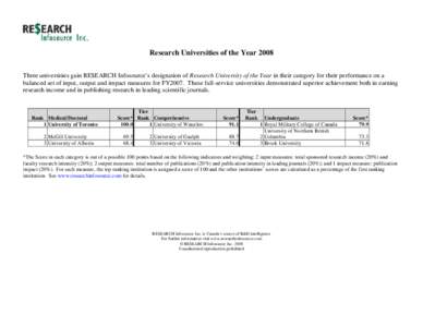 Research Universities of the Year 2008 Three universities gain RE$EARCH Infosource’s designation of Research University of the Year in their category for their performance on a balanced set of input, output and impact 