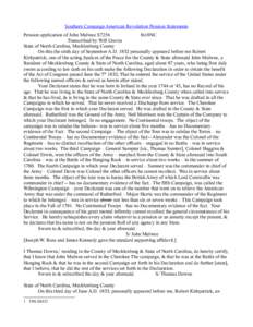 Southern Campaign American Revolution Pension Statements Pension application of John Mulwee S7256 fn18NC Transcribed by Will Graves State of North Carolina, Mecklenburg County On this the sixth day of September A.D. 1832