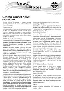 Tuesday 21 October 2014 Ph: General Council News October 2014