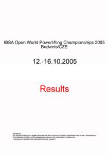 IBSA Open World Powerlifting Championships Ceské Budejovice, Czech Republic 15th October 2005 Pl Name WOMEN 52,0 kg 1 Kozyreva Vasylysa/89
