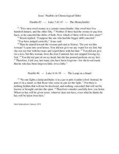 Jesus’ Parables in Chronological Order Parable #5 — Luke 7:41-47 — The Moneylender 41 “Two men owed money to a certain moneylender. One owed him five hundred denarii, and the other fifty. 42 Neither of them had t