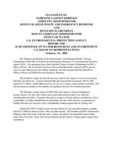 STATEMENT OF MARIANNE LAMONT HORINKO ASSISTANT ADMINISTRATOR OFFICE OF SOLID WASTE AND EMERGENCY RESPONSE AND BENJAMIN H. GRUMBLES DEPUTY ASSISTANT ADMINISTRATOR OFFICE OF WATER U.S. ENVIRONMENTAL PROTECTION AGENCY BEFOR