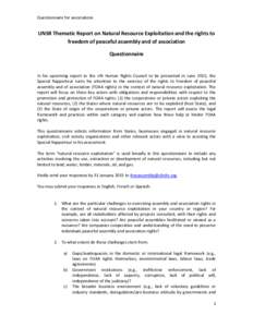 Questionnaire for associations  UNSR Thematic Report on Natural Resource Exploitation and the rights to freedom of peaceful assembly and of association Questionnaire