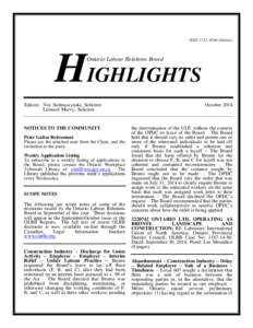ISSN 1712–4506 (Online)  HIGHLIGHTS Ontario Labour Relations Board  Editors: Voy Stelmaszynski, Solicitor