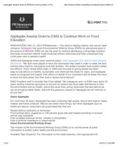 Applegate Awards Grant to EWG to Continue Work on Fo...  http://www.printthis.clickability.com/pt/cpt?expire=&title=A... Applegate Awards Grant to EWG to Continue Work on Food Education