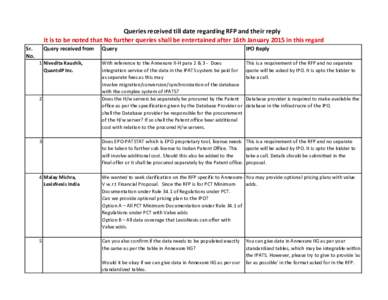 Sr. No. Queries received till date regarding RFP and their reply It is to be noted that No further queries shall be entertained after 16th January 2015 in this regard