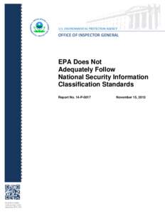 EPA Does Not Adequately Follow National Security Information Classification Standards