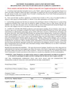 SOUTHERN TRAILRIDERS ASSOCIATION BENEFIT RIDE REGISTRATION AND VOLUNTARY RELEASE OF LIABILITY AGREEMENT Please complete and sign this form. Bring it, along with your Coggins and payment to the ride. A. I, the below-liste