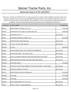 Steiner Tractor Parts, Inc. Backorder Report As Of[removed]Please note: All Dates are ESTIMATES only. We cannot guarantee the products will be available on that date exactly. Also, due dates change from time to time an